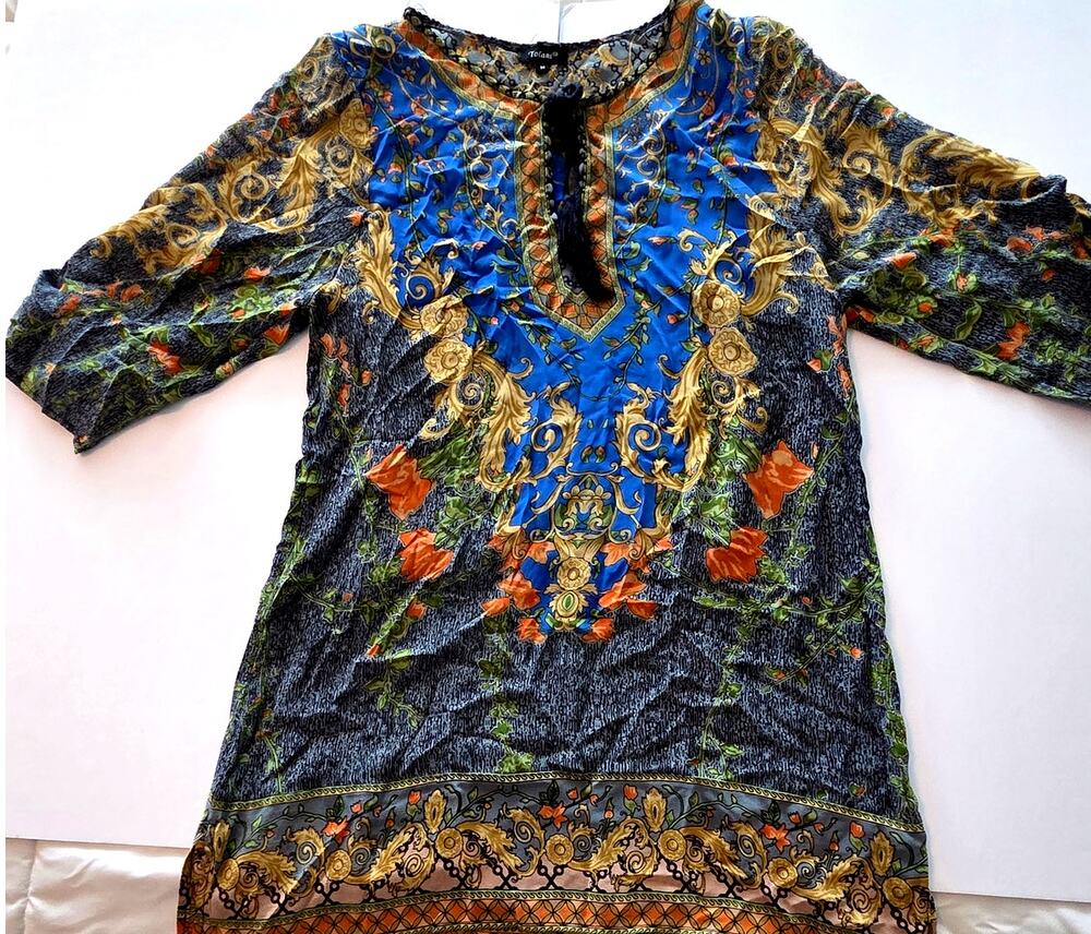 Tolani 100% Silk Boho Paisley Tunic Dress Blue Yellow Orange Size M